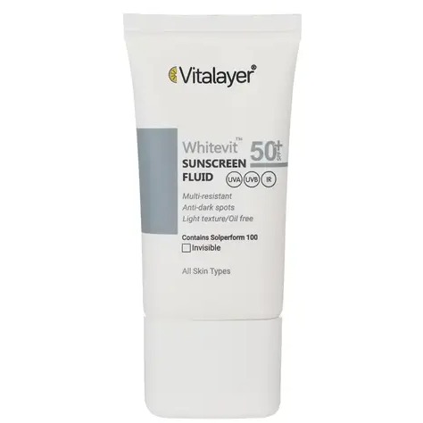 فلوئید ضدآفتاب بی رنگ ویتالیر SPF 50 مدل Whitevit مناسب انواع پوست حجم 50 میلی لیتر